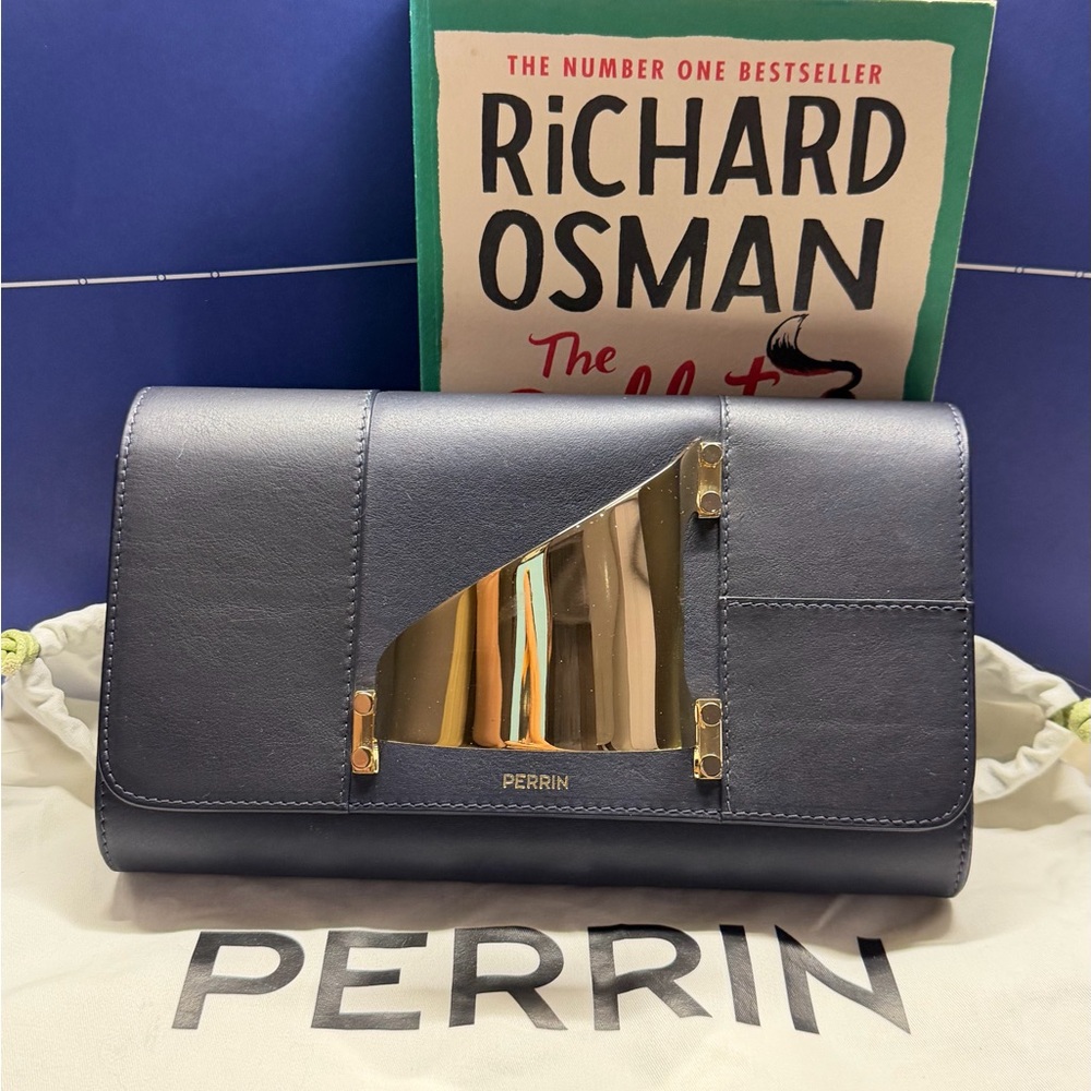 Perrin Navy Leather Clutch with Gold Accent